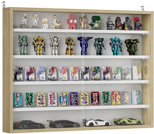 HOMCOM 5-Tier Wall Mounted Display Cabinet, Display Case with 4 Adjustable Shelves, Glass Doors for Home Office Ornaments 60x80cm, Natural