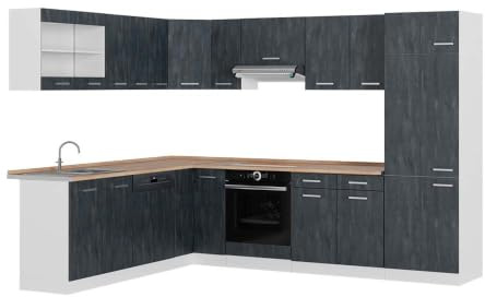 Vicco Eckküche R-Line, Schwarz Beton/Weiß, 287 x 227 cm | 12 Module · Höhenverstellbare Füße · AP Eiche inkl. · Robuste Fronten · Mit Kühlschrankumbauschrank · Frei kombinierbar
