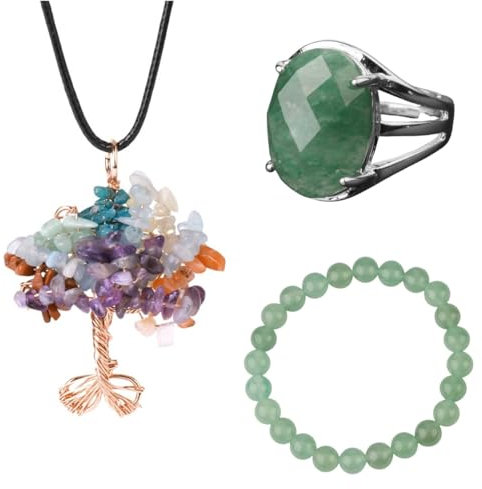 DyLyz Kristall Schmuck Set mit 7 Chakra Lebensbaum drahtumwickelte Reiki Halskette Stretch Armband aus natürlichen Edelsteinperlen und ovalen verstellbaren Ringen aus grünem Aventurin für F