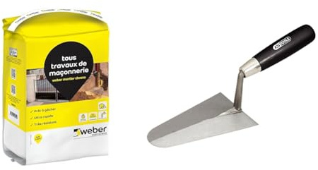 Mortier de maçonnerie ultra-rapide, 5kg, WEBER MORTIER CHRONO, WEBER & Truelle Italienne Ronde - Truelle avec Lame en Acier et Manche Bois - 240 mm - KS TOOLS 144.0115