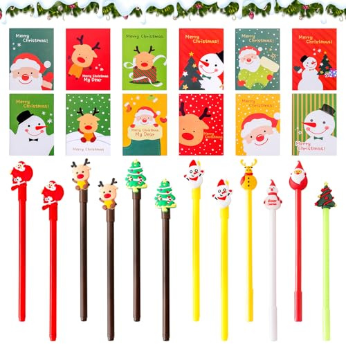 24 Stück Weihnachten Schreibwaren Set,Weihnachten kleinigkeiten, Weihnachts Notizblock und Kugelschreiber,Weihnachten Neutral Stift, Cartoon Weihnachten Papeterie für Kinder Geburtstagsgeschenk(A)