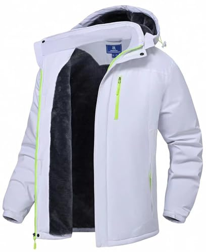 SPOSULEI Vestes de ski pour homme avec capuche et doublure en polaire imperméable coupe-vent multi-poches, blanc, Medium