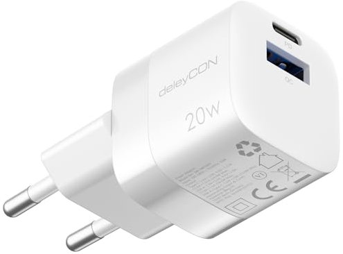 deleyCON Ladegerät USB A und C (2 Port - Kompaktes Schnellladegerät) USB Netzteil für iPhone 17/16/15/14/13/12/11 iPad Galaxy S25/S24/S23 Pixel Handy PD 3.0 Charger - Weiß