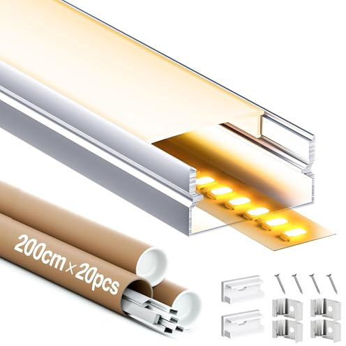 GEEKLUX LED Profil - Aluminiumprofil 2m für Led Streifen bis 17mm, LED Schiene mit Milchiger Abdeckung, LED Kanal Komplettset mit Endkappen, Clips und Schrauben, Größe 19.7×10mm (20 * 2M(Totale 40M))