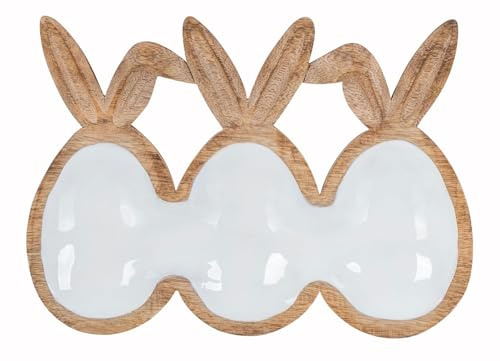 levandeo Deko Schale L26cm Ostereier Hasenohren Mangoholz Natur Weiß Osterdeko Tischdeko Ablage Holzschale Deko Servierplatte Oster Dekoration