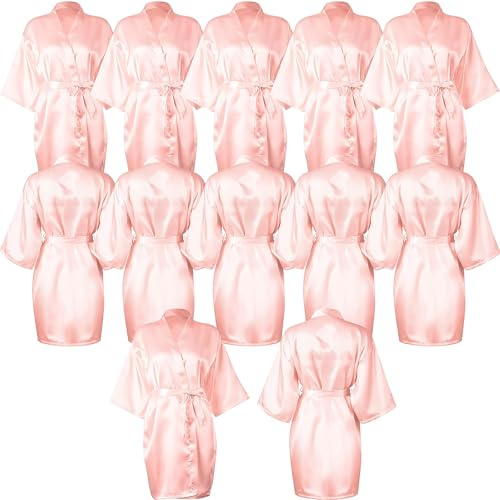 OJMHD 12 Pcs Women's Satin Robes for Bridesmaid, Pink Silky Kimono Bathrobe Bulk for Girls, Short Bride Sleepwear Dressing Gown for Party Spa Wedding Birthday (UK, Numeric, 42, Regular, Regular)