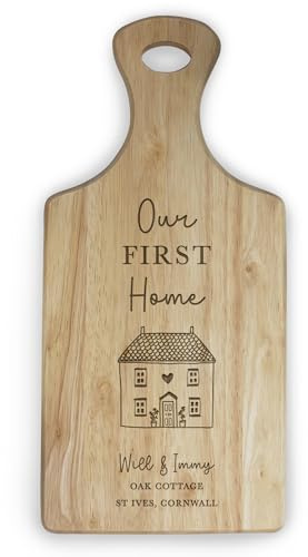 eBuyGB Personalised Our First Home Chopping Board with Couples Names, New Home Gift, Housewarming Gifts, Gift for Couples, Wooden Paddle Board, Moving House Décor