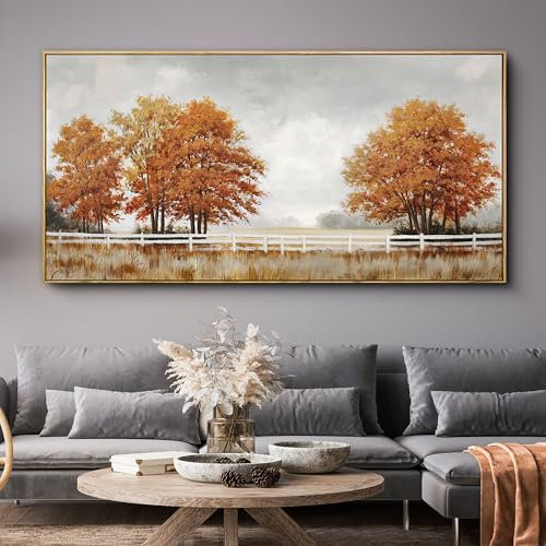 yiijeah Orangefarbene Wandkunst, große Leinwand, Wohnzimmer-Wanddekoration, Herbst-verbrannter Orangenbaum, Bild, Ruict-Landschaft, Poster, gerahmtes Kunstwerk für Schlafzimmer, Büro, Heimdekoration