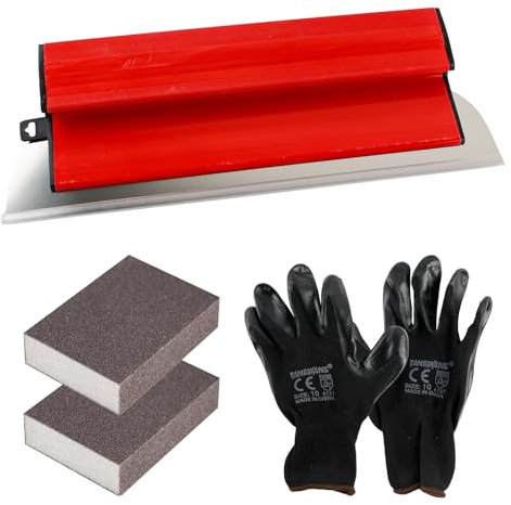 Spatola per Superfici, Strumento per Spatolare, Strumento per Intonacare con 2 x Spugna Abrasiva 120 Grana e Guanti, Lama Sostituibile in Acciaio Inox 0,3MM Strumento per Spatolare (Rosso, 40CM)