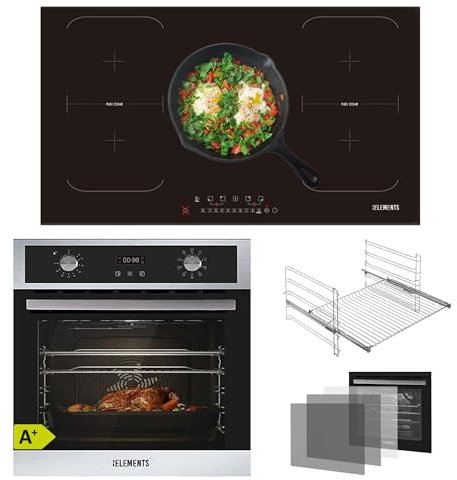 KB ELEMENTS Kit de cuisinière autonome - Four encastrable 60 cm 70 l - Plaque à induction 5 zones - 9 fonctions - Triple vitrage de protection thermique - Fonction rôtisserie - Classe d'efficacité