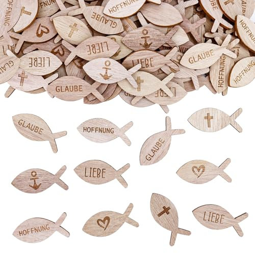 KOBOKO 100 Stk Holz Fische Deko Streudeko Taufe,Tischdeko Taufe Deko,Konfirmation Dekoration Mädchen Junge,Holzfische Kommunion Dekoration, Taufdeko Konfetti,Fisch Deko für Konfirmation Kommunion (B)