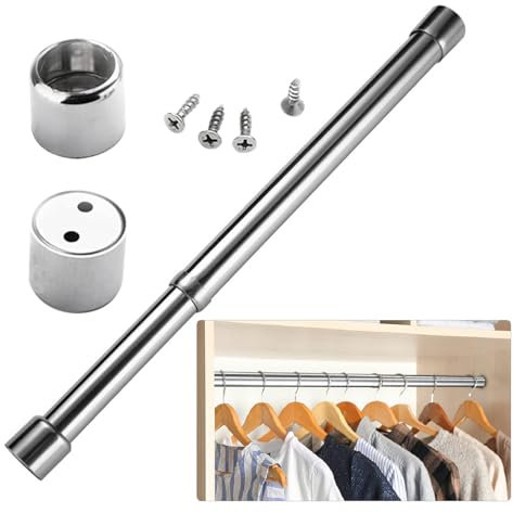 Extendable Clothes Rail,31-51cm Stainless Steel Wardrobe Rail Extendable Adjustable Clothes Rail Pole with End Sockets and Screws Adjustable Wardrobe Rail for Wardrobe, Shower, Balcony, Windows