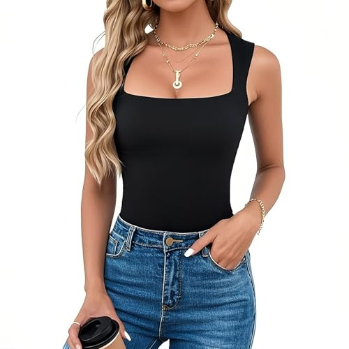 Womens Tank Tops Square Neck Sleeveless Vest Tops Basic Soft Top Shirt Fashion Summer Clothes (UK, Alpha, XL, Regular, Regular, Black)