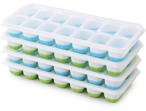 4 moldes de silicona para cubitos de hielo con tapa, sin BPA, apilables, forma segura y saludable, para papilla de bebé, cócteles, whisky, café (2 azules y 2 verdes)