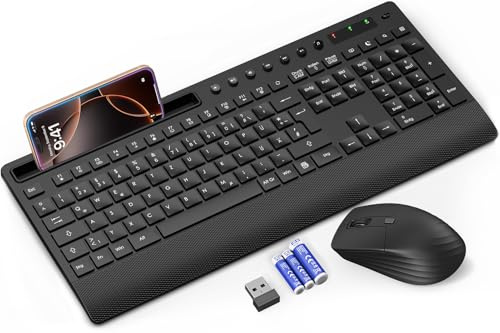 Tastatur Maus Set Kabellos, Leise 2,4 GHz Tastatur in voller Größe mit Handballenauflage, Telefonhalter, Multimediatasten, Kabelloses Set für Windows, Chrome OS, PC, Laptop (Batterien) (Black)