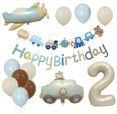 Tourima XXL Geburtstagsdeko 2 Jahre Jung Autos und Flugzeuge, Gilt für Kindergeburtstag Deko, Luftballon 2 Geburtstag Happy Birthday Banner für Junge Party Dekoration