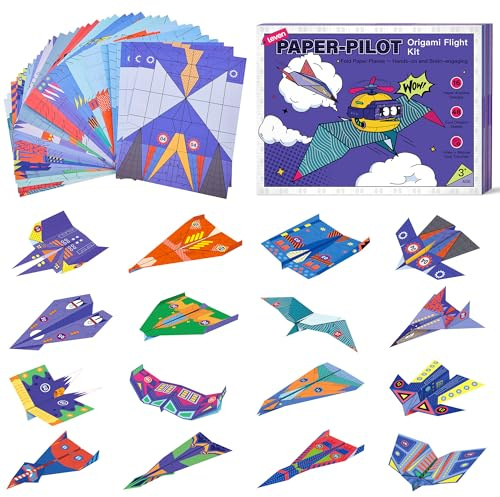 Leven DIY Paper Airplane Book, 16 Creative Folding Paper Planes with 48 Sheets of Colorful Origami Paper, Arts & Crafts Kit with Video Tutorials – Gifts for Boys and Girls Ages 6–12+ 11 * 8.3 inches