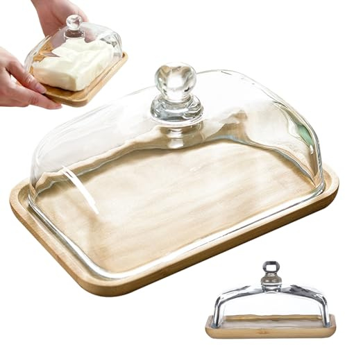 Beurrier en verre avec couvercle - 17,8 x 10,2 cm - Multifonction - Transparent - Carré - Avec couvercle et plateau en bambou - Pour comptoir de réfrigérateur