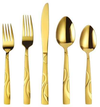 FONGDANLAITE 40 Pieces Gold Flatware Silverware Set | Stainless Steel Fork Spoon Knife Set Service for 8, Food Grade Cutlery Set 40-Piece, Dishwasher Safe