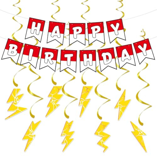 Cartoon Birthday Banner 8pcs Lightning Hanging Swirls Party Decorations, Flash Weather Streamers Gold Lightning Hanging, Kids Yellow Red White Birthday Party Decor for Kids Party Supplies
