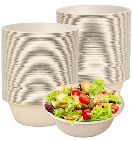 Bols Jetables en Canne à Sucre, 100 Pièces Bols à Canne à Sucre Marron Ensemble, 350 ml Bol à Soupe Jetables, Jetable Bol en Papier, Compostable Vaisselle Jetable, pour Barbecue, Fête, Pique Nique
