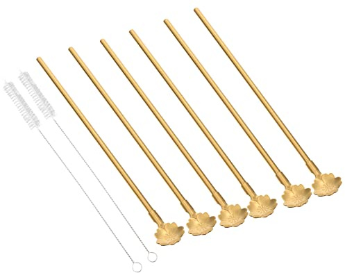 Healifty Cuillères à Paille En Acier Inoxydable 304 Doré, Set 8 Pièces, Design Fleur De Cerisier, Multi-usage Pour Maison, Bar Et Desserts