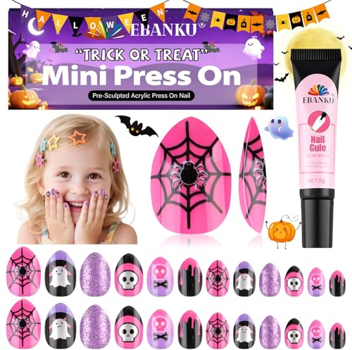 24 Stück Halloween-Kunstnägel, Kunstnägel mit vollständiger Abdeckung, niedliche künstliche Nägel mit Geister-Spinnennetz-Designs, rosa glänzende Klebenägel für Mädchen und Kinder mit Nagelkleber | with Ghost Web Designs rosa glänzende Nägel zum Aufkleben für Mädchen und Kinder, mit Nagelkleber