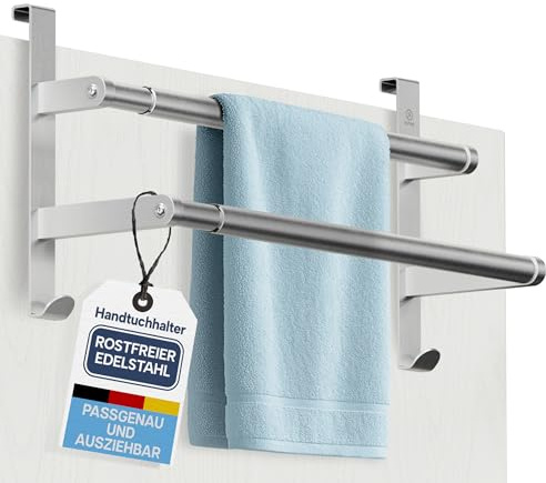FATISE Porte-serviettes sans perçage - Convient pour les portes allemandes - Porte-serviettes extensible de 43 à 80 cm - Acier inoxydable - Barre porte-serviettes avec protection anti-rayures