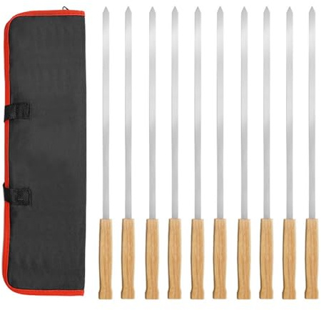 8 spiedini in acciaio inox, largamente piatti, 17 pollici, con manico in legno, per barbecue, barbecue, per esterni, campeggio, in metallo, con manico in legno