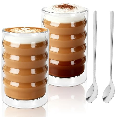 KXVXXV Latte Macchiato Gläser Doppelwandig 4er Set, 400ml | Thermogläser Doppelwandige Kaffeegläser mit 4 Löffeln, Glas Cappuccino Tassen Set Cappuccino Gläser aus Borosilikatglas