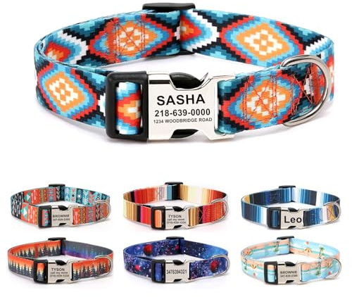 Personalisierter Hundehalsband mit gravierter Schnalle Rauten | Individuell gravierter Name & Telefonnummer; weicher verstellbarer Nylon‑Hundehalsband, modisches mehrfarbiges Muster