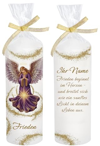 Kerze personalisierbar Engelskerze Frieden individuell als Tischdeko. Liebevolle Kerze Deko. Tischdekoration als Geschenk. Brenndauer: 35 Stunden, Ø6,8 x Höhe 16,5 cm
