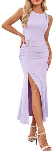 Doreyi Women's Formal Wedding Guest Cocktail Bridesmaid Party Elegant Evening Gown Ruched Split Bodycon Maxi Dress Purple XL