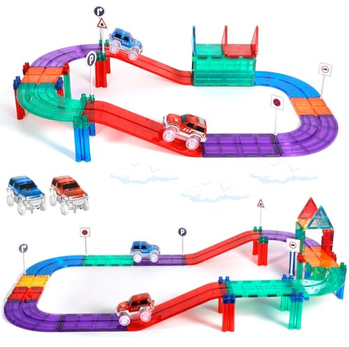 JUQG 50Pcs Magnetisches Baustein Spielzeug für Bahnrennen, Magnetisches Bauspielzeug mit LED Rennwagen, Magnetisches Konstruktions Spielzeug, Geeignet für Jungen und Mädchen AB 3 Jahren
