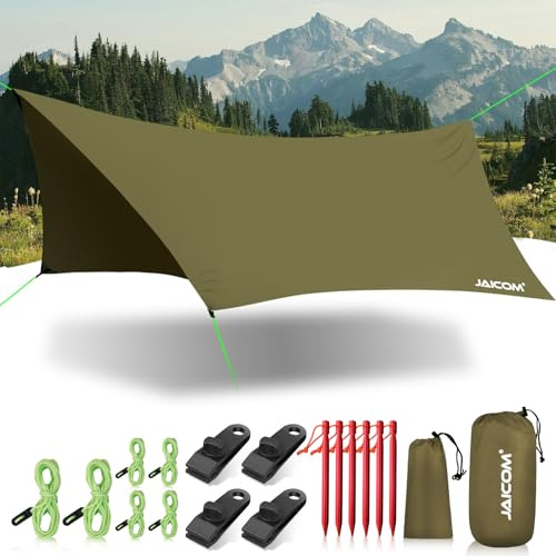 JAICOM Tent Tarp Waterproof - Rain Fly Camping Tarp Light Ripstop Fabric | PU3000mm-Anti-UV Camping Shelter with Aluminum Tent Stakes & Guy Lines & Tarp Clamps, for Travel, Outdoor, Hammocks, Beach