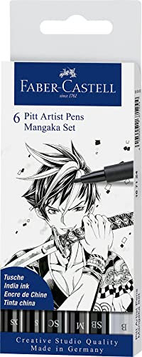 Faber-Castell 167124 Tuschestifte Mangaka Set, Etui mit 6 Stiften, Feine Spitzen, Soft Brush und Soft Calligraphy in Schwarz und Kaltgrau, Geeignet für Präzises Zeichnen und Kreative Manga-Kunstwerke