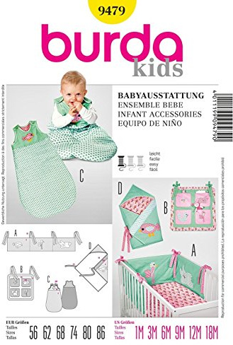 Burda Schnittmuster 9479 Babyausstattung: Nestchen, Utensilo, Schlafsack und Wickeltuch Gr. 56-86