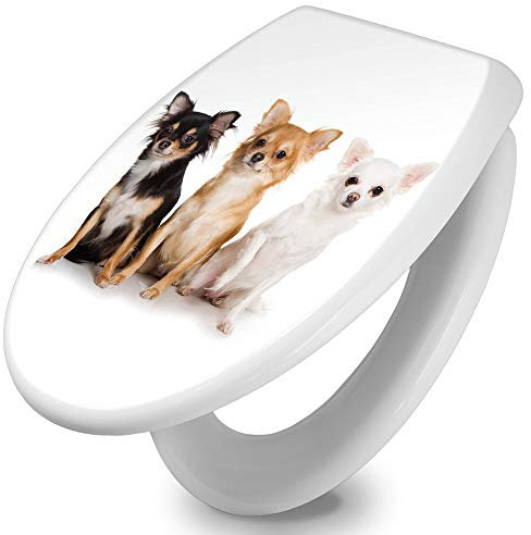 banjado Toilettendeckel mit Absenkautomatik 44,5x37cm / WC Brille Soft Close/hygienischer Toilettendeckel/Klodeckel Duroplast Edelstahl Scharniere einfache Montage/Motiv Chihuahua