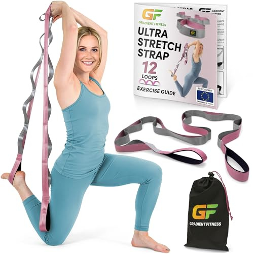 Gradient Fitness Stretching Strap for Physical Therapy, 12 Multi-Loop Stretch Strap 1.5 W x 8' L, Neoprene Handles, Physical Therapy Equipment, Yoga Straps for Stretching, Leg Stretcher, (Pink/Grey)