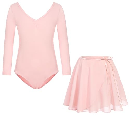 FONLAM Ballettkleid Ballettkleidung Mädchen Langarm Tanzkleid Turnanzug Balletttrikot Tanzbody Baumwolle Ballettrock Kinder (Rosa, 9-10 Jahre)