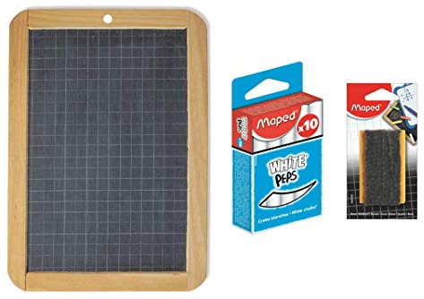 MAPED - Kit Ardoise Noire en Pierre Cadre en Bois (L)260 x (H)182 mm + Petite Brosse Eponge en Bois et Feutrine + 1 Boîte de 10 Craies Blanches, 981750