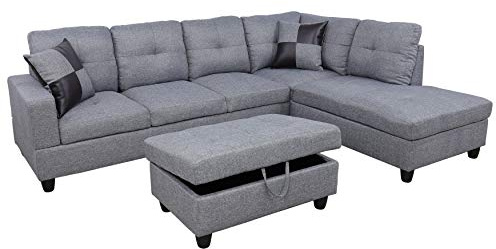 AYCP Fine Furniture Sectional Sofa Couch,L-Shaped Modern Style w/Storage Ottoman 3-Piece for Living Room|Linen Upholstery|(2) Toss Pillows(Right Hand Facing, Grey)