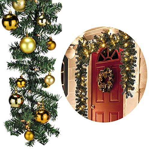 XL Weihnachtsbeleuchtung Girlande beleuchtet Tannengirlande 70 LED Lichterkette 540 cm Weihnachten innen und außen inkl. 30 Baumkugeln Gold