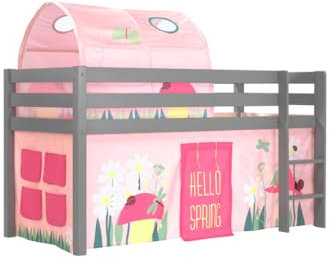 Vipack Spielbett Pino mit Textilset Vorhang und Tunnel Spring Kiefer massiv grau lackiert