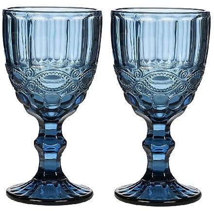 Dibor Glass Set of 2 Tumbler Glasses 250ml Blue Embossed Glass Tumblers | Dishwasher Safe, Coloured Glassware, Vintage Style