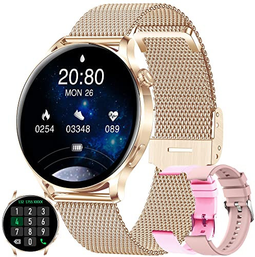 SGDDFIT Smartwatch Donna Chiamata Bluetooth e Risposta Vivavoce, Orologio Fitness Full Touch 1,28 Pollici Cardiofrequenzimetro da Polso Contapassi Calorie Smart Watch IP68 per Android iOS (Oro)