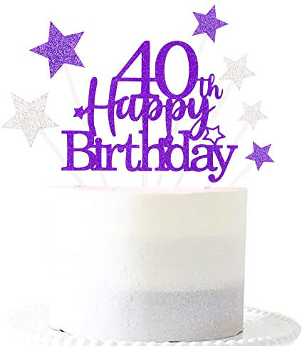 Pargleev Purple Silver 40th Birthday Cake Topper with Glittery Stars | 7-piece Purple Silver 40th set: 1 glittery 'Happy Birthday' topper + 6 star cupcake toppers; just place on the cake
