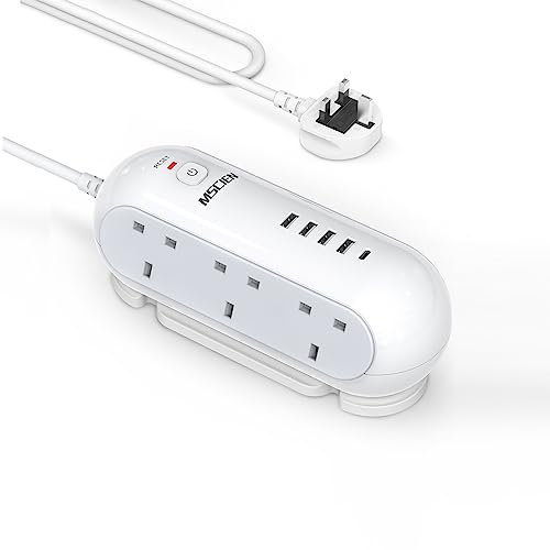 Mscien Extension Lead with USB Slots, 6 Way Sockets 5 USB(1 USB- C and 4 USB-A Port) with 1.8 Metres Extension cord, 3250W Overload Protection, Security Surge Protection Plug Extension Socket
