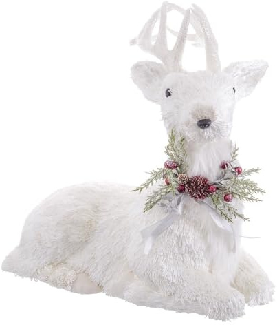LOLAhome Muñeco de Navidad de Reno con Acebo y piñas de polyfoam Blanco de 63 cm