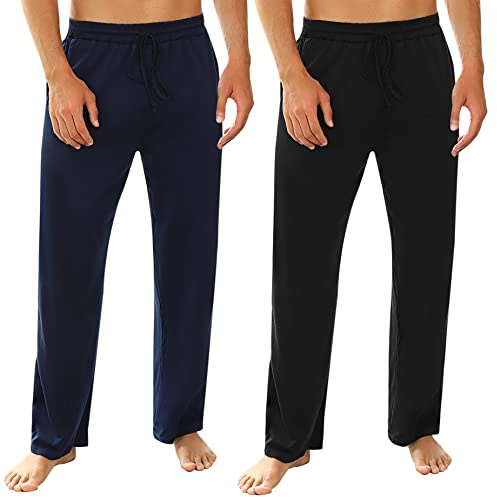 Marvmys Pyjamasbyxor för män 100 % bomull långa enfärgade byxor med dragsko och fickor bekväma och andningsbara S–3XL, Svart + marinblå, XL